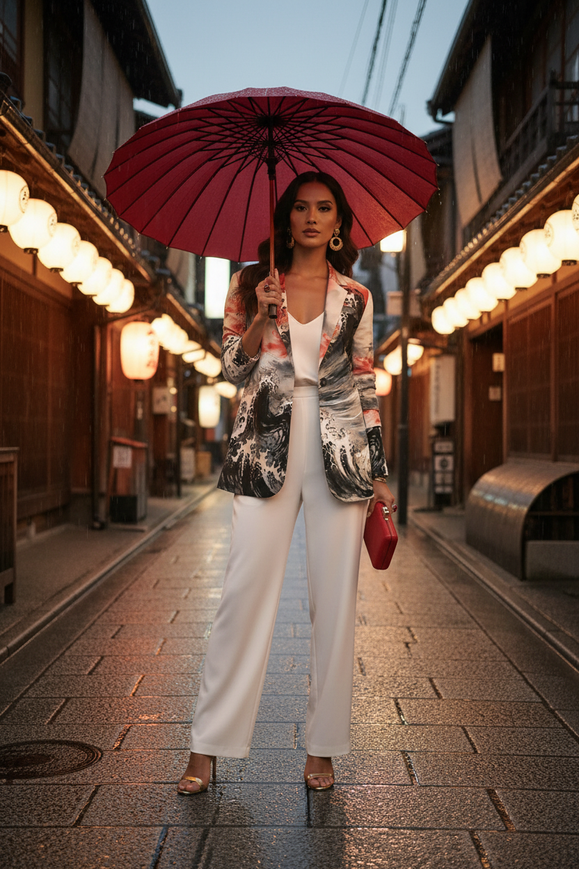 Japanese Ink Art Women's Statemen cotton blazer elegant outfit evening look with umbrella