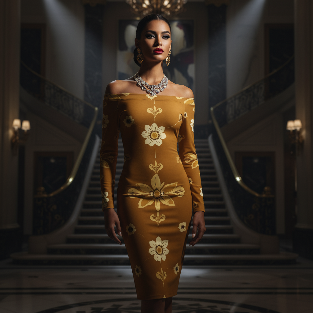 Elegant 1950s retro wrap dress with sunflower print and off-shoulder neckline. Bohemian floral elegance for vintage parties and summer events.
