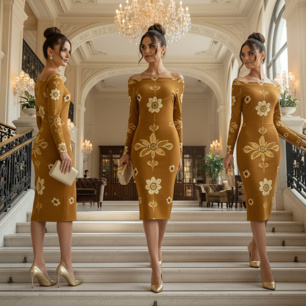 Elegant 1950s retro wrap dress with sunflower print and off-shoulder neckline. Bohemian floral elegance for vintage parties and summer events.