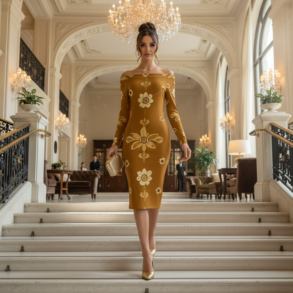 Elegant 1950s retro wrap dress with sunflower print and off-shoulder neckline. Bohemian floral elegance for vintage parties and summer events.