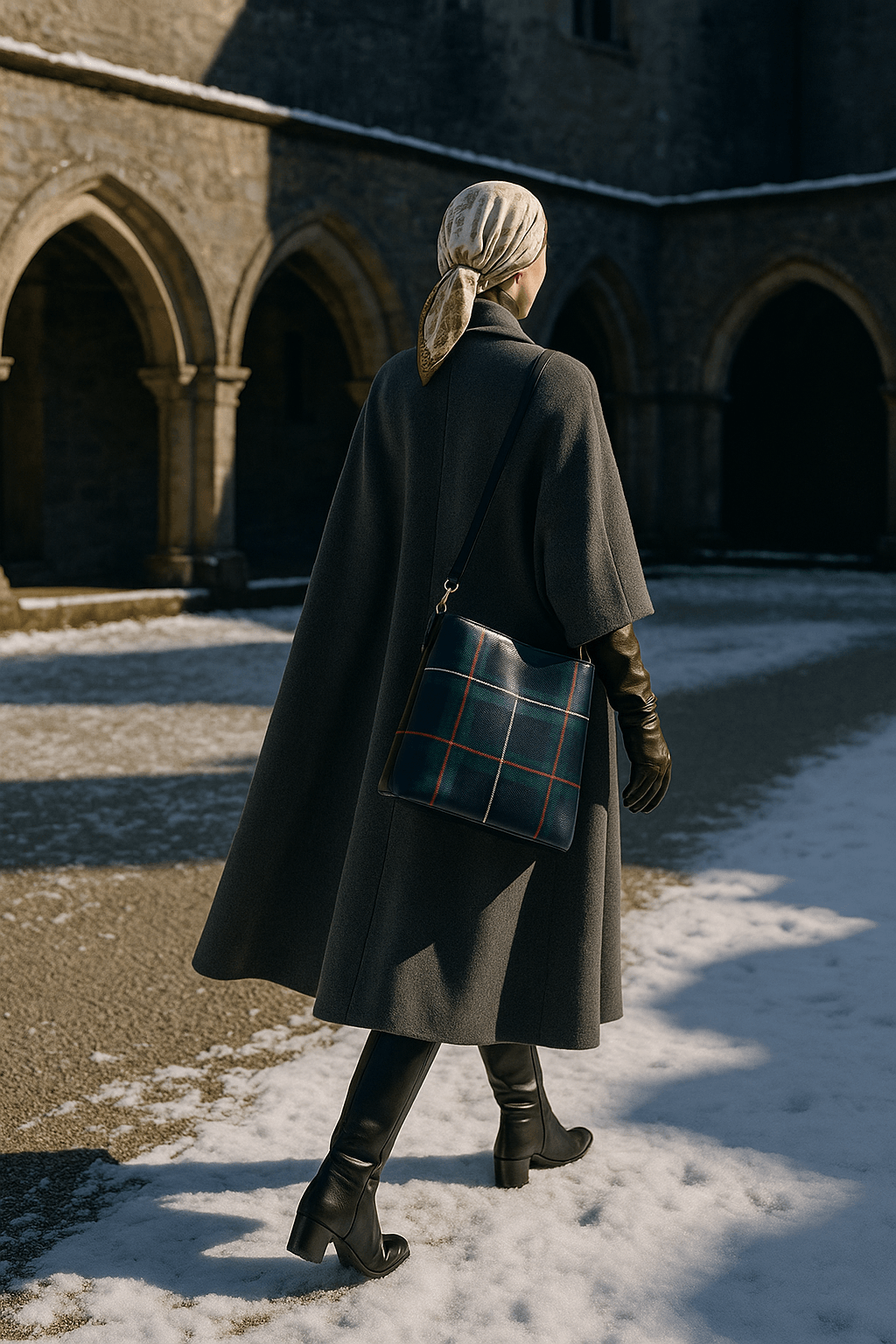 Woman wearing dark coat and boots carrying Kintail tartan bucket handbag by Angelic Blessings Shop outdoors