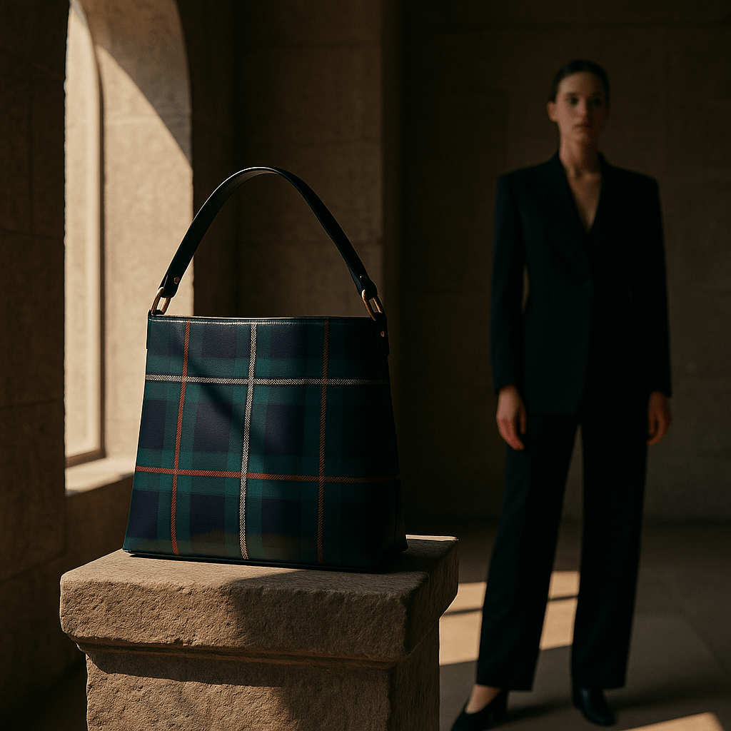 Kintail tartan bucket handbag from Angelic Blessings Shop displayed on stone pedestal with woman in black suit background
