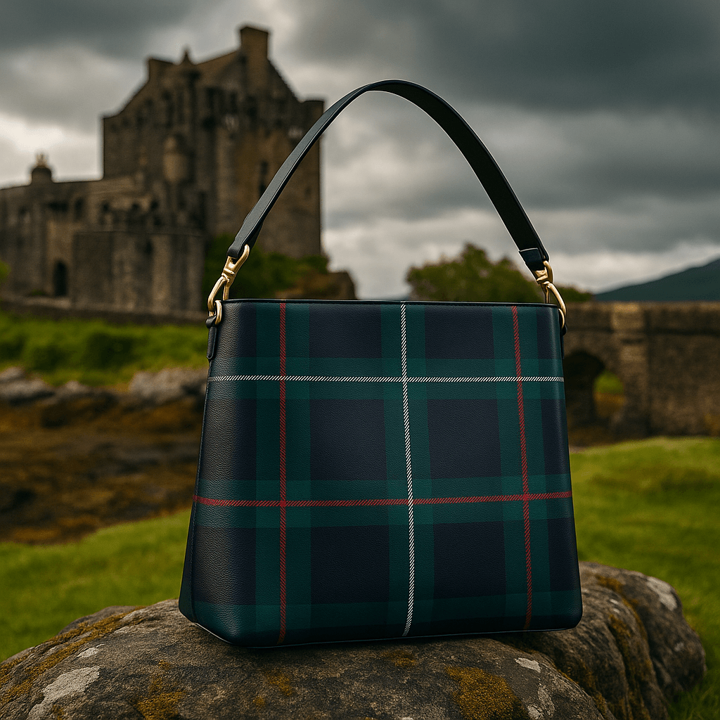 Kintail tartan bucket handbag with leather strap displayed on rock with castle background