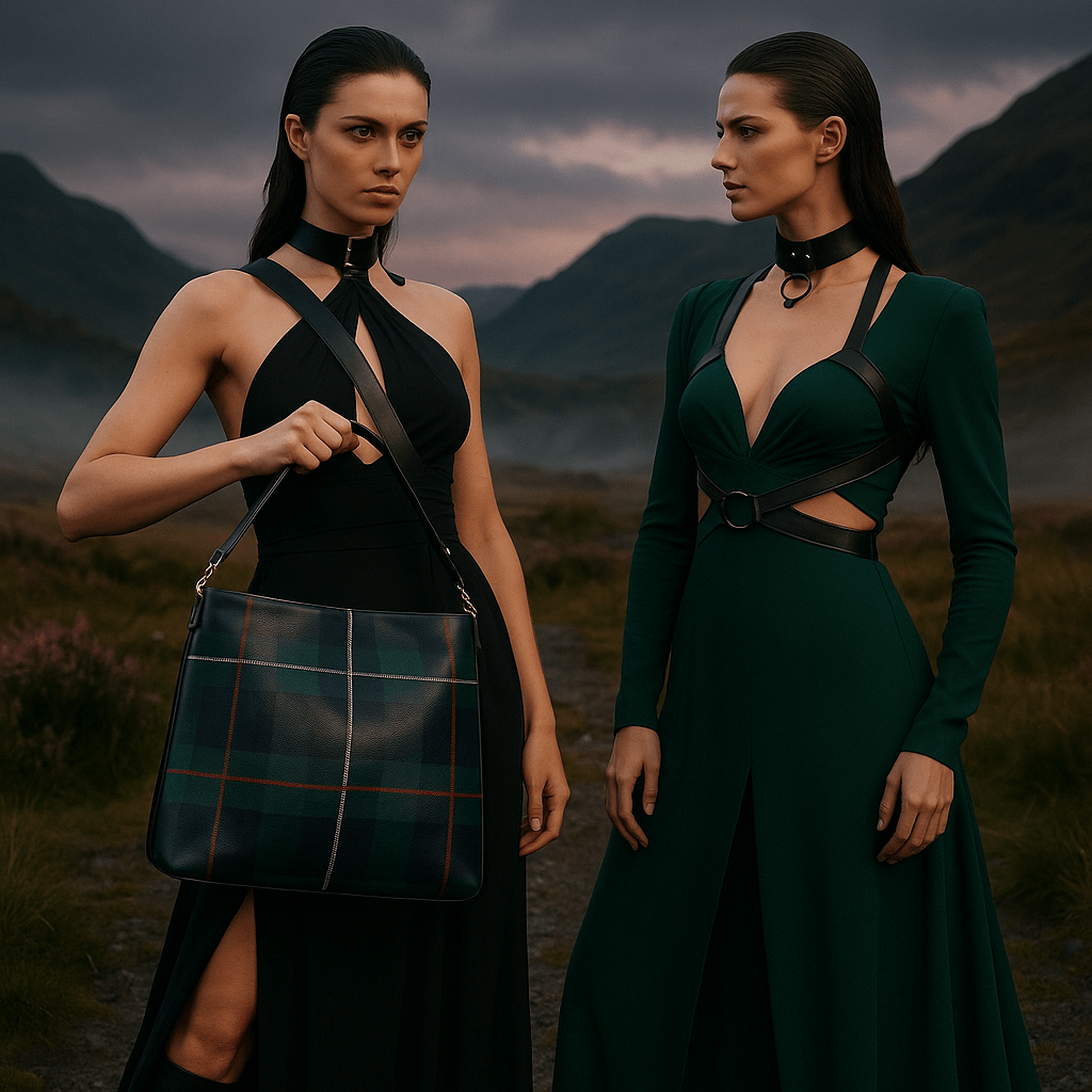 Kintail tartan bucket handbag with dark plaid pattern carried by model in elegant black dress