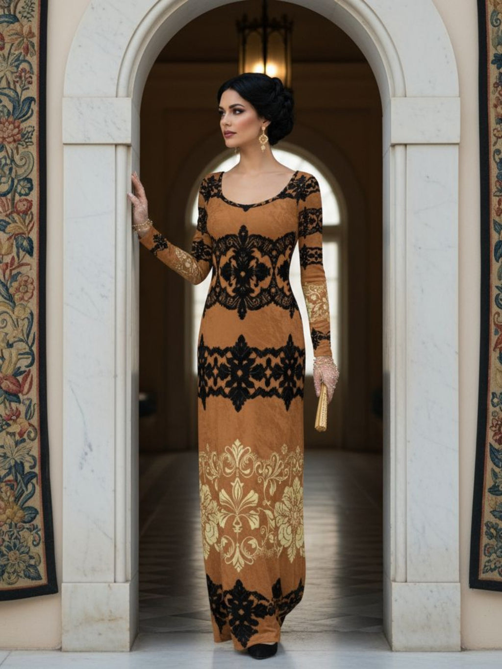 Kira Brown Baroquet Womens  Velvet Shine Maxi Dress-XS-6XL - Angelic Blessings