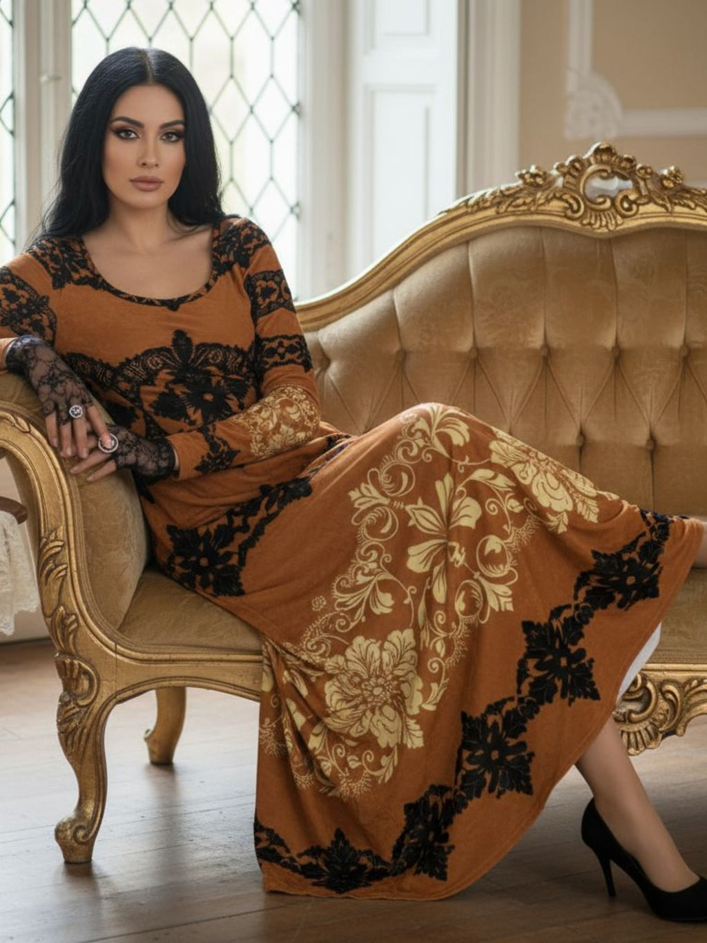 Kira Brown Baroquet Womens  Velvet Shine Maxi Dress-XS-6XL - Angelic Blessings