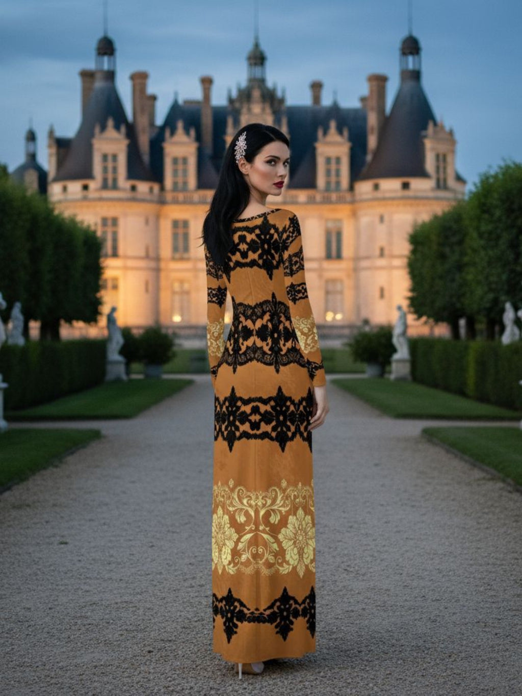 Kira Brown Baroquet Womens  Velvet Shine Maxi Dress-XS-6XL - Angelic Blessings