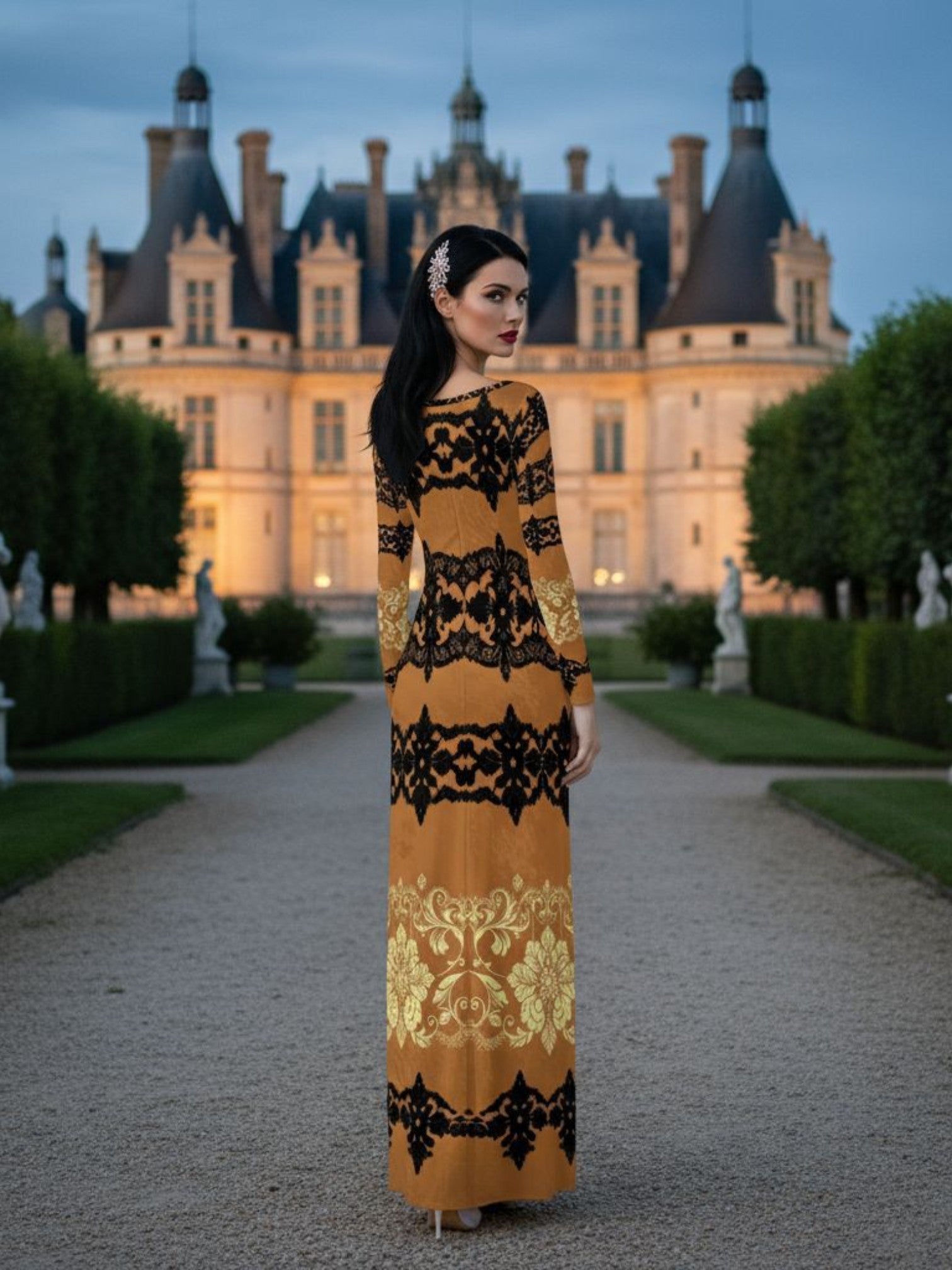 Kira Brown Baroquet Womens  Velvet Shine Maxi Dress-XS-6XL - Angelic Blessings