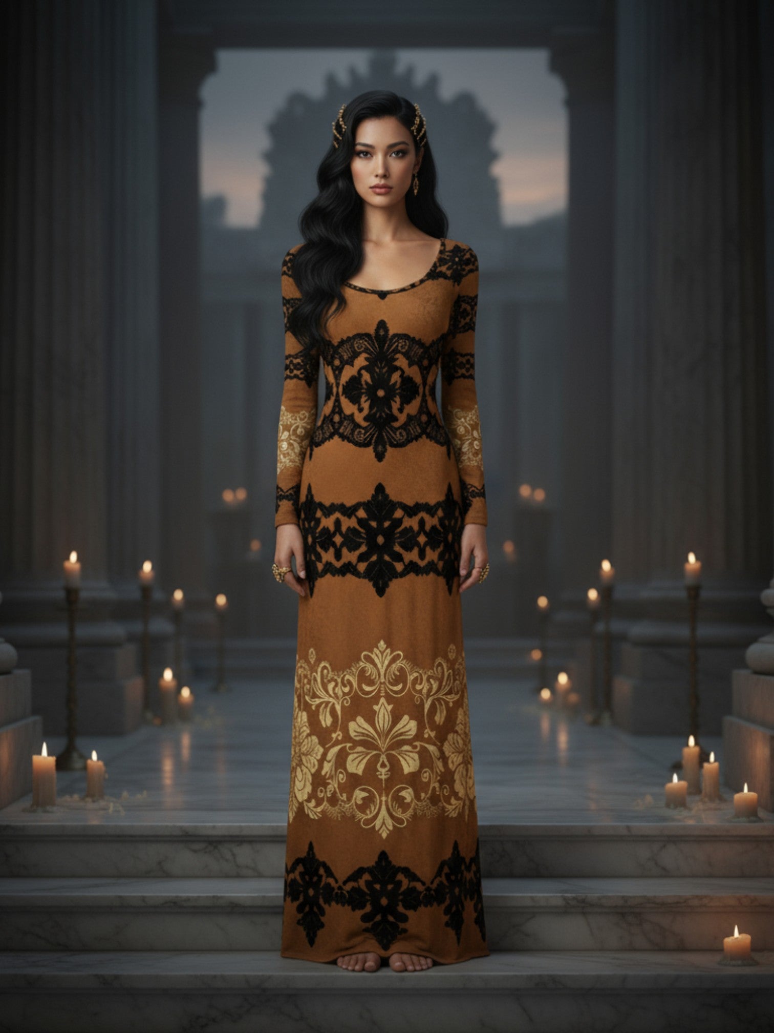 Kira Brown Baroquet Womens  Velvet Shine Maxi Dress-XS-6XL - Angelic Blessings