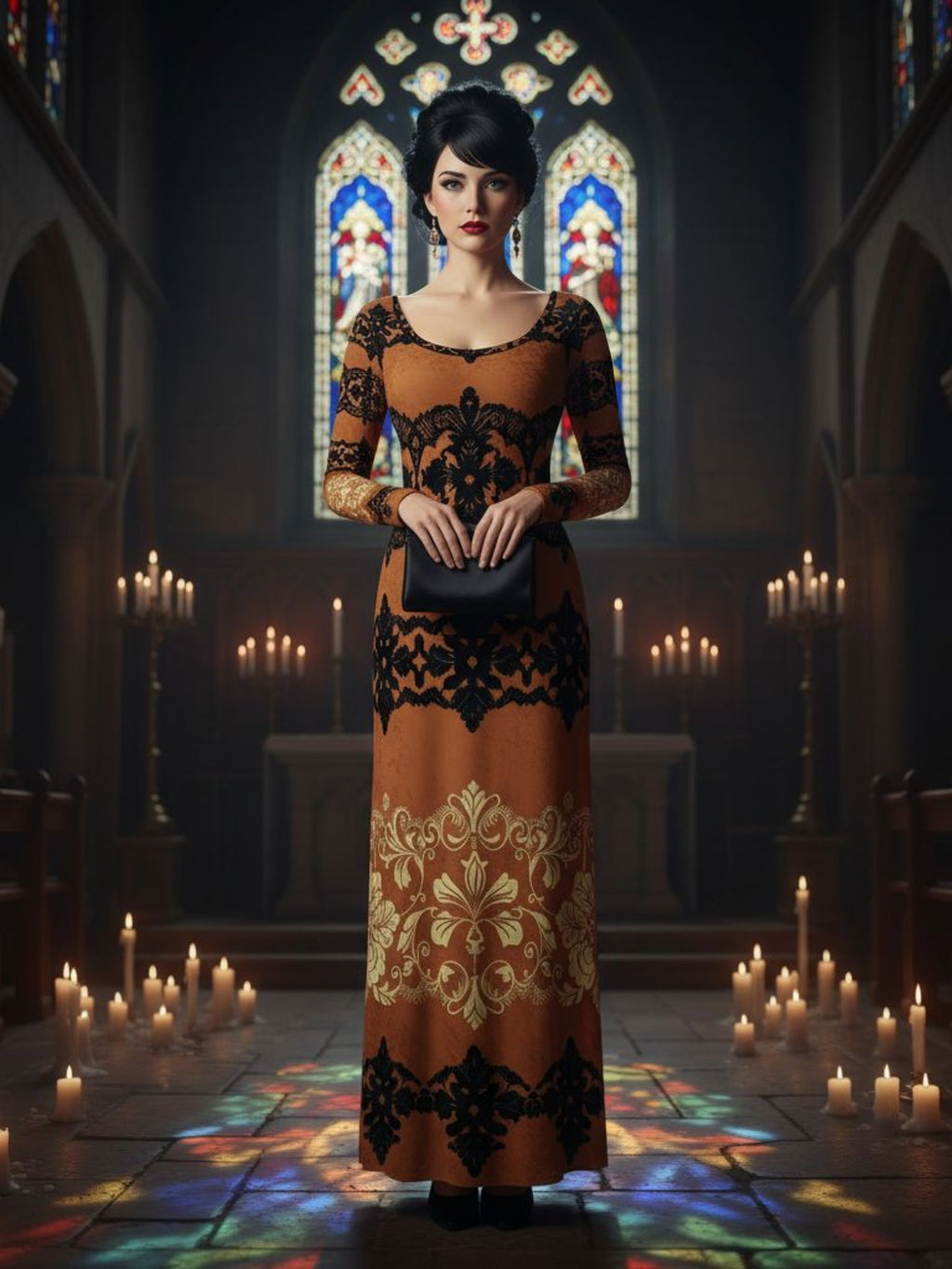 Kira Brown Baroquet Womens  Velvet Shine Maxi Dress-XS-6XL - Angelic Blessings