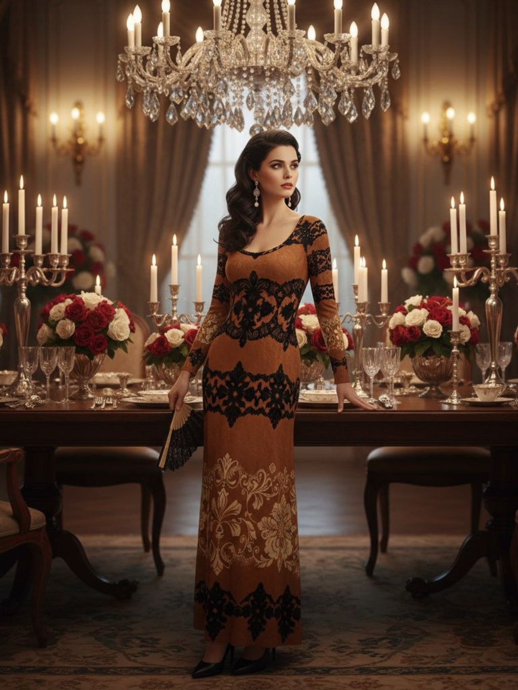 Kira Brown Baroquet Womens  Velvet Shine Maxi Dress-XS-6XL - Angelic Blessings