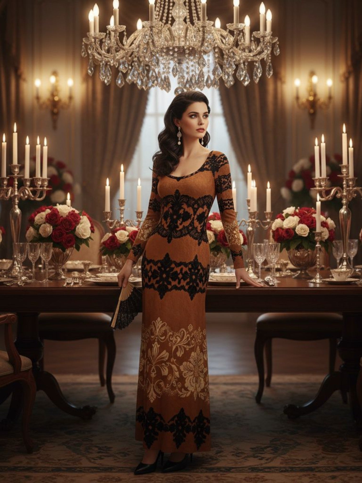 Kira Brown Baroquet Womens  Velvet Shine Maxi Dress-XS-6XL - Angelic Blessings