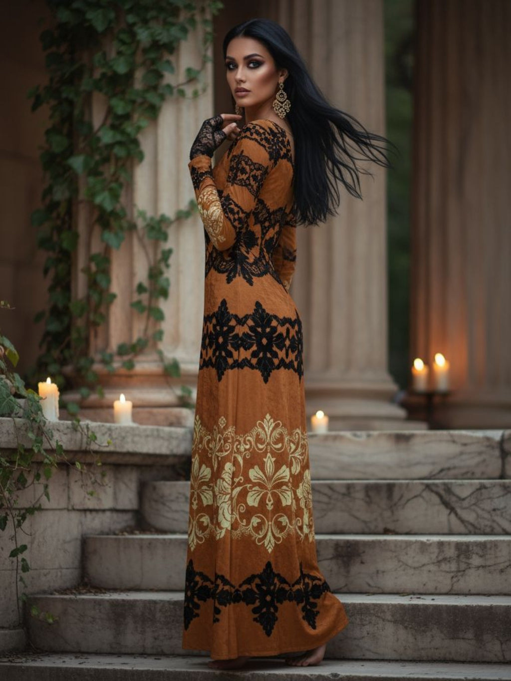 Kira Brown Baroquet Womens  Velvet Shine Maxi Dress-XS-6XL - Angelic Blessings