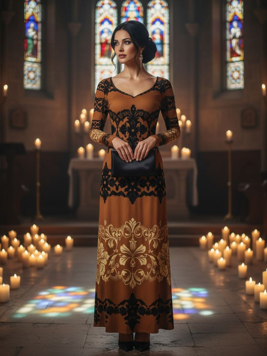 Kira Brown Baroquet Womens  Velvet Shine Maxi Dress-XS-6XL - Angelic Blessings