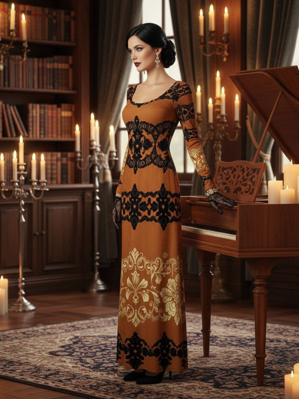 Kira Brown Baroquet Womens  Velvet Shine Maxi Dress-XS-6XL - Angelic Blessings