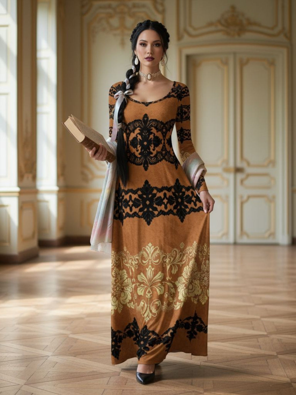 Kira Brown Baroquet Womens  Velvet Shine Maxi Dress-XS-6XL - Angelic Blessings