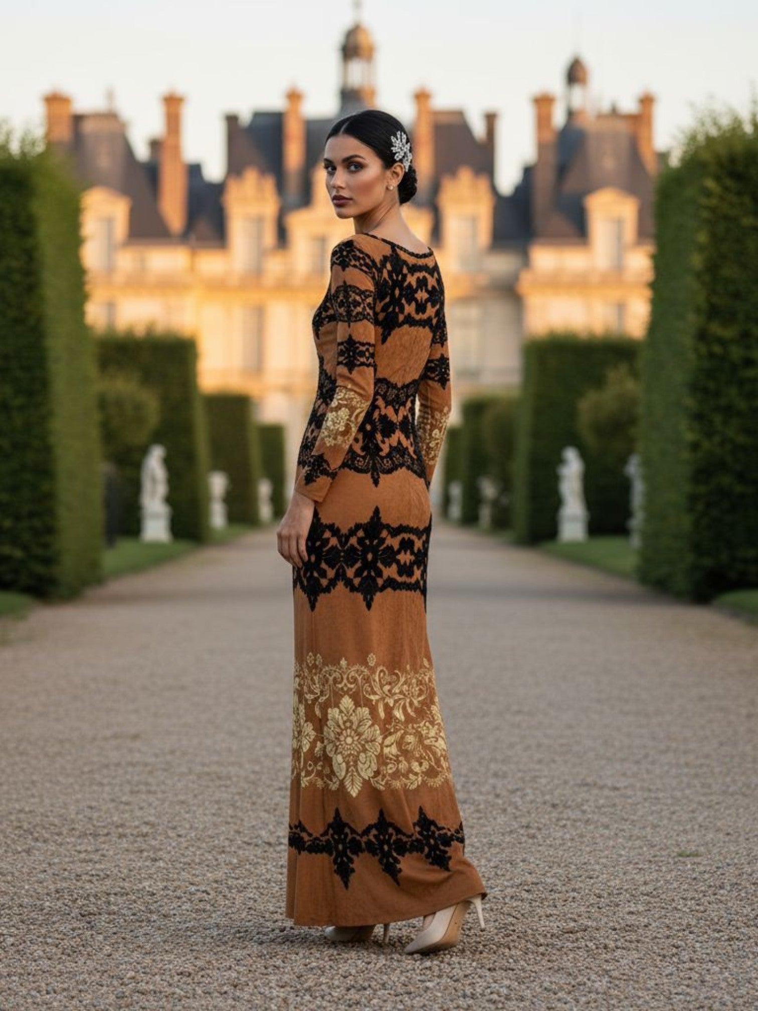 Kira Brown Baroquet Womens  Velvet Shine Maxi Dress-XS-6XL - Angelic Blessings