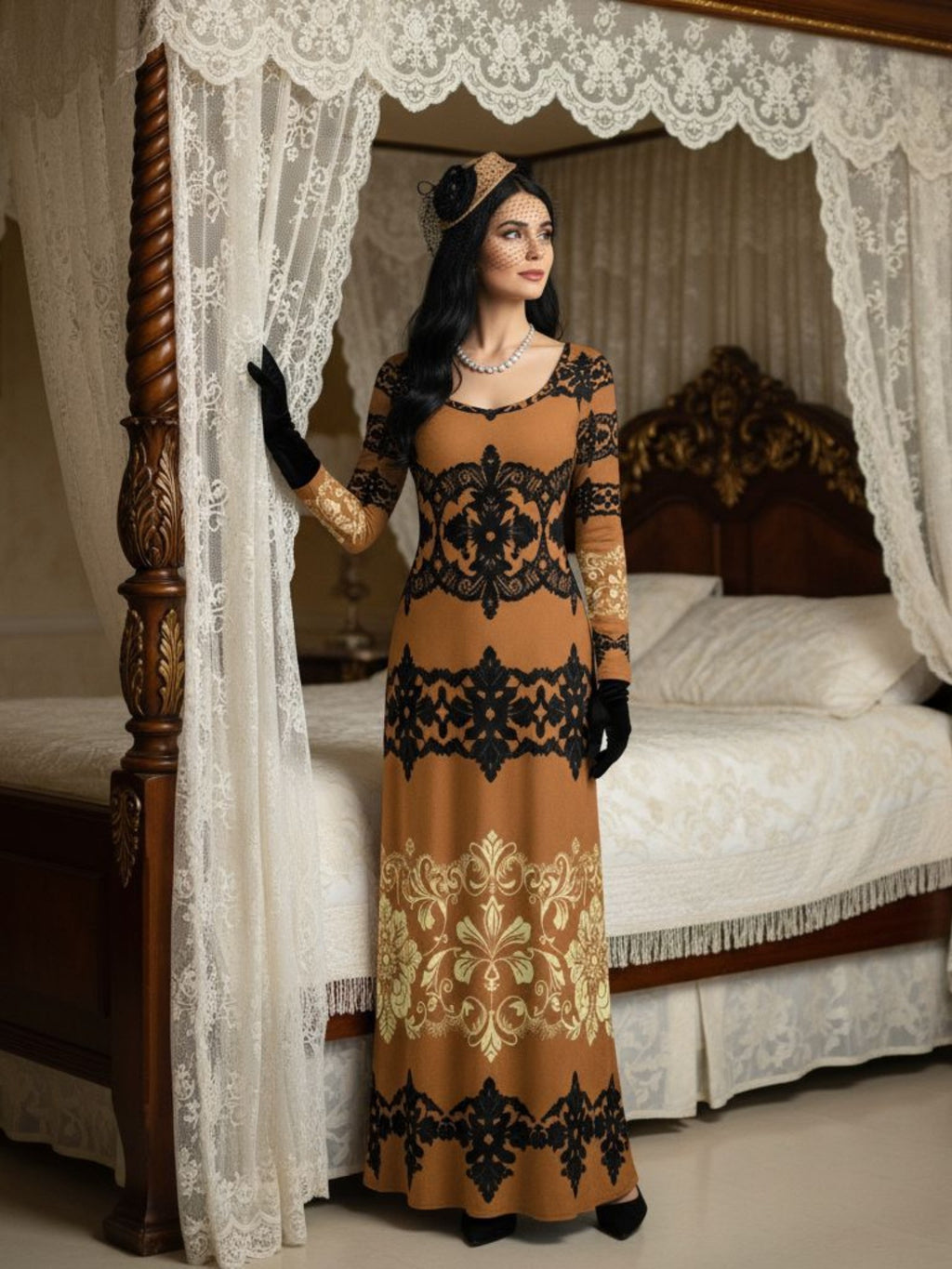 Kira Brown Baroquet Womens  Velvet Shine Maxi Dress-XS-6XL - Angelic Blessings