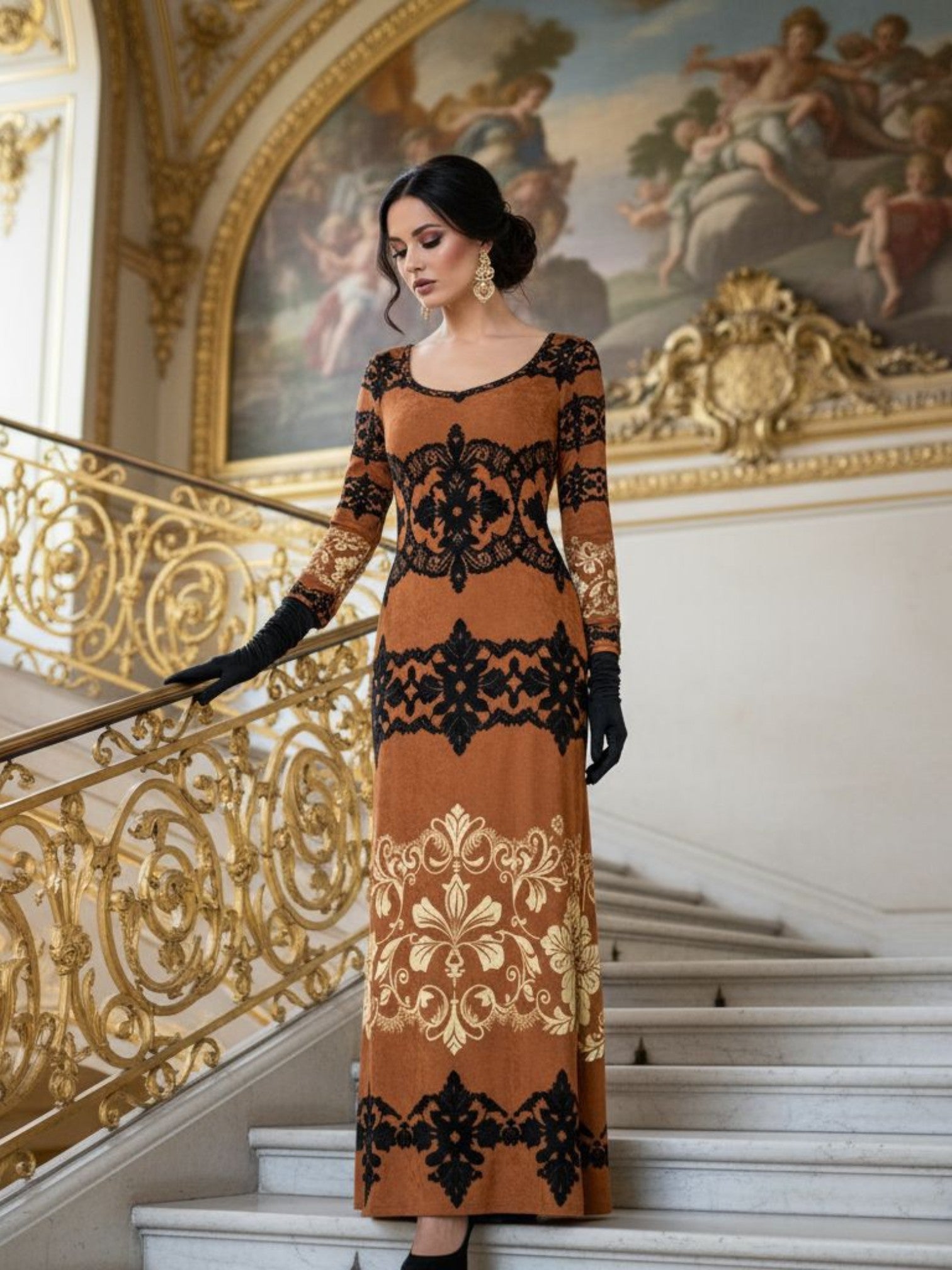 Kira Brown Baroquet Womens  Velvet Shine Maxi Dress-XS-6XL - Angelic Blessings