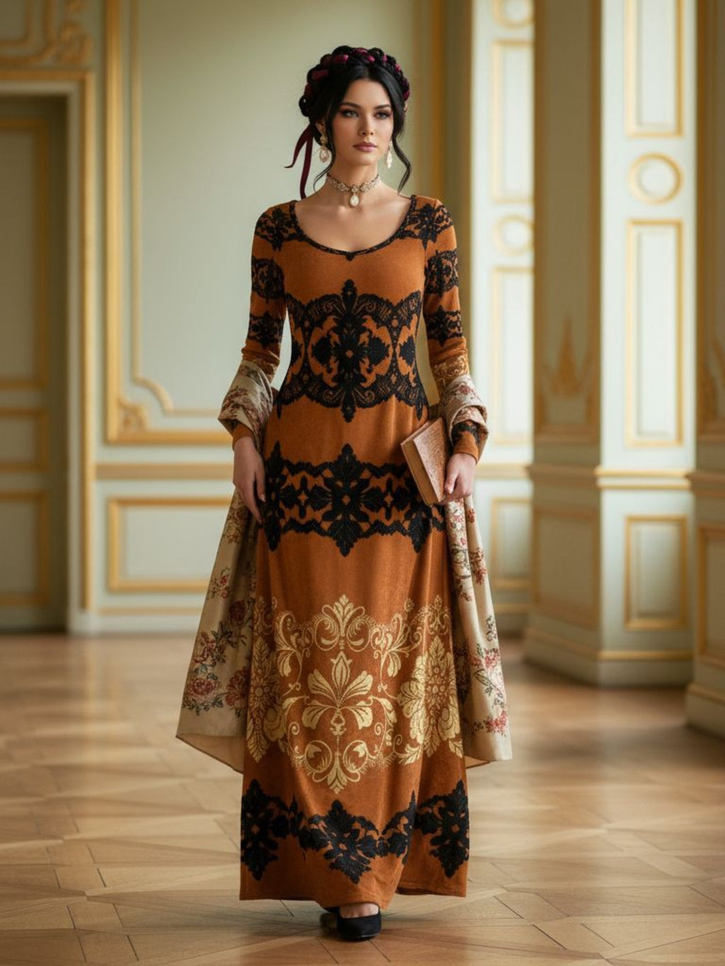 Kira Brown Baroquet Womens  Velvet Shine Maxi Dress-XS-6XL - Angelic Blessings