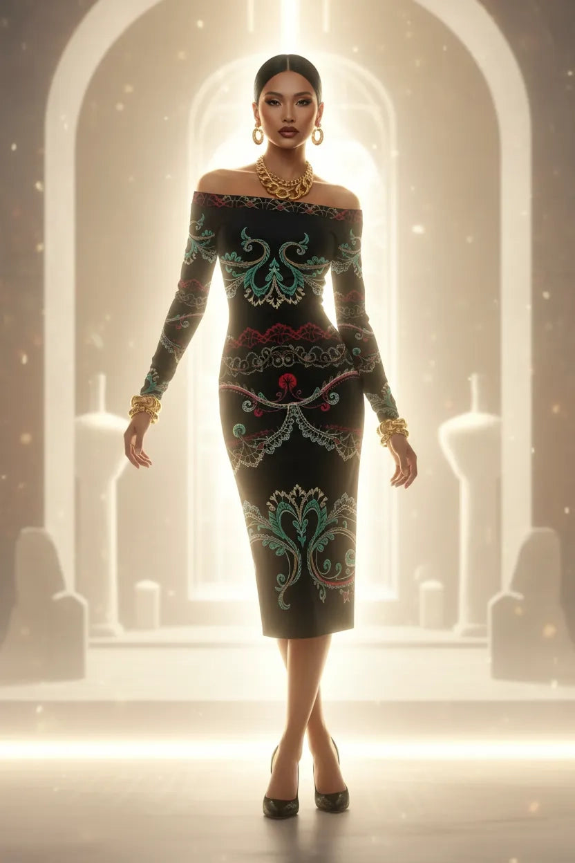 Luxury European style evening dress by Angelic Blessings Shop with intricate patterns and off-shoulder design
