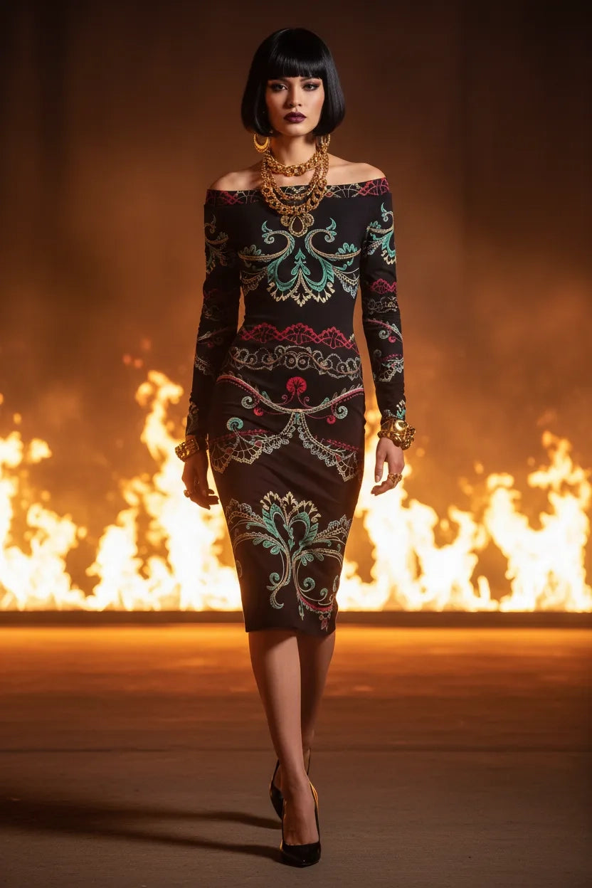 Model wearing a luxury European style evening dress with intricate patterns and off-shoulder design