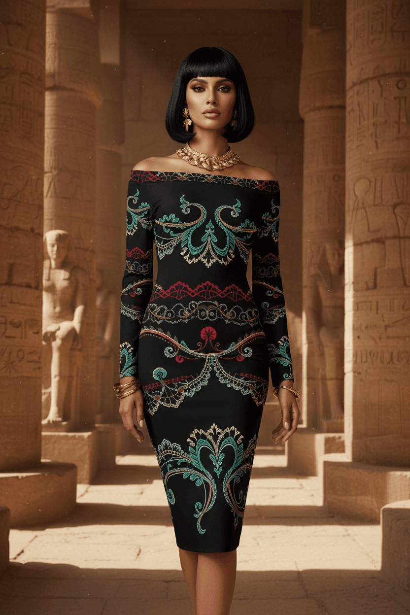Luxury European style evening dress by Angelic Blessings Shop with intricate colorful patterns on black fabric