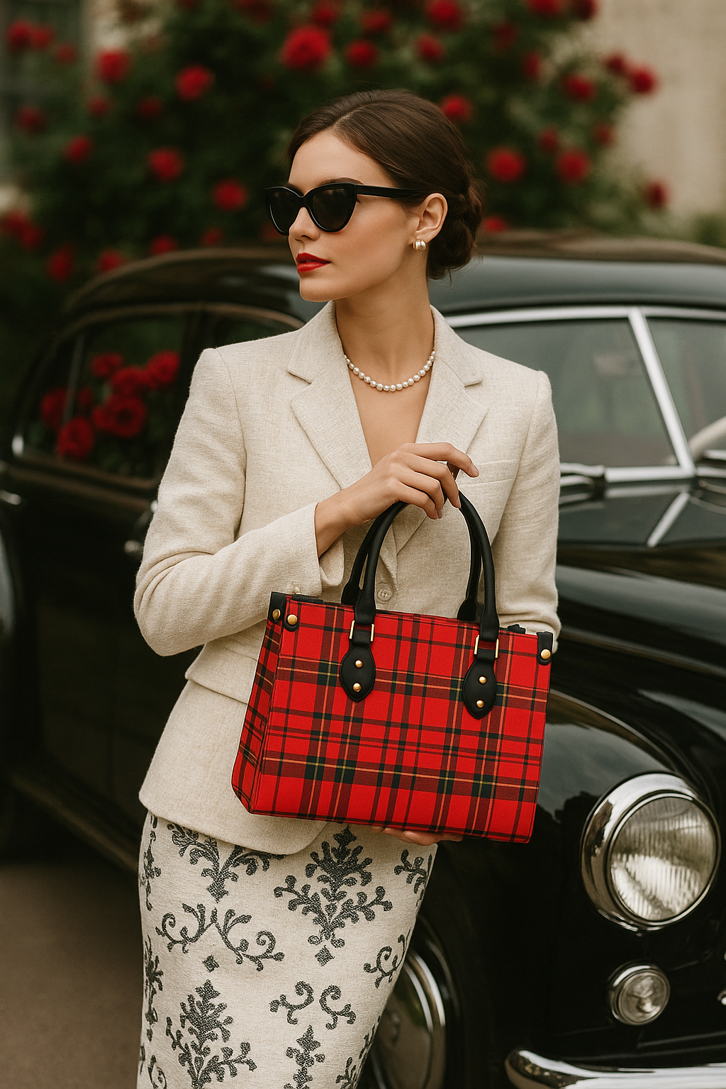 Luxury faux leather red tartan tote bag for women