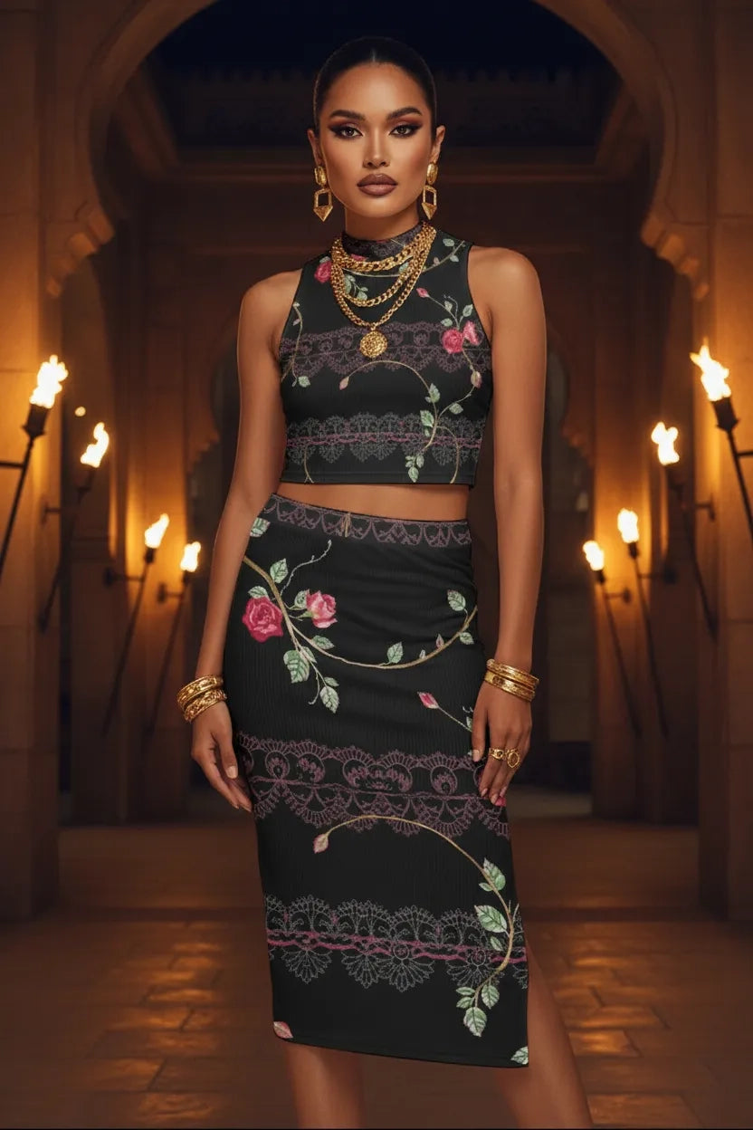 Luxury floral lace two-piece set black dress with pink and green floral embroidery