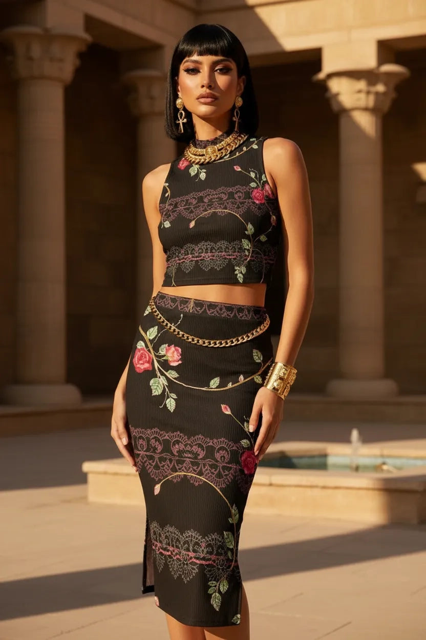 Angelic Blessing Shop luxury floral lace two-piece set with black floral crop top and matching skirt