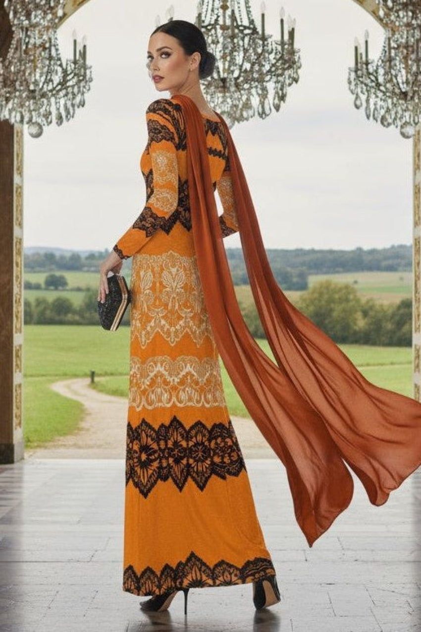 Luxury gold velvet evening gown with black lace details and flowing scarf by Angelic Blessings Shop