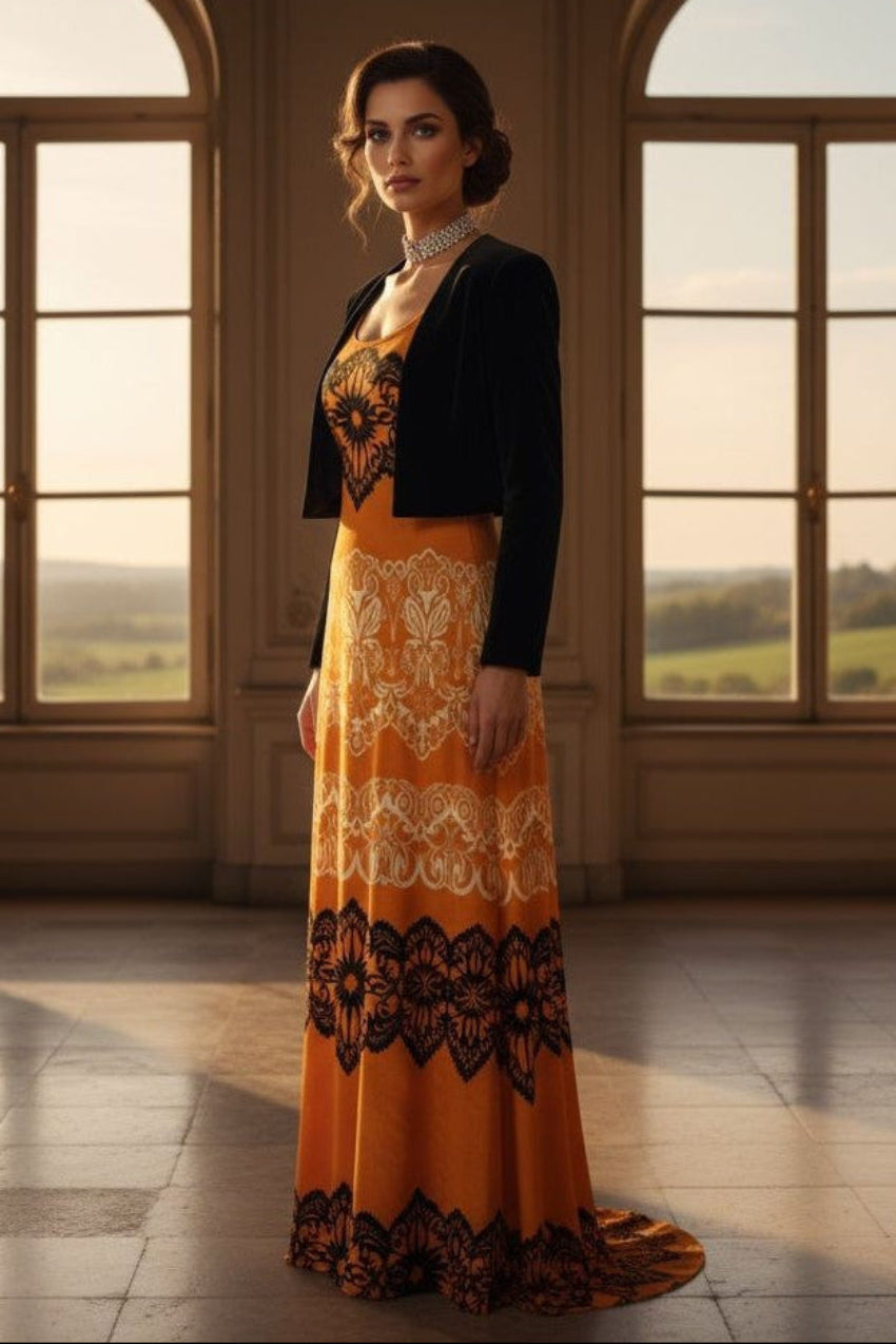 Luxury gold velvet evening gown with black lace detailing worn by model in elegant room