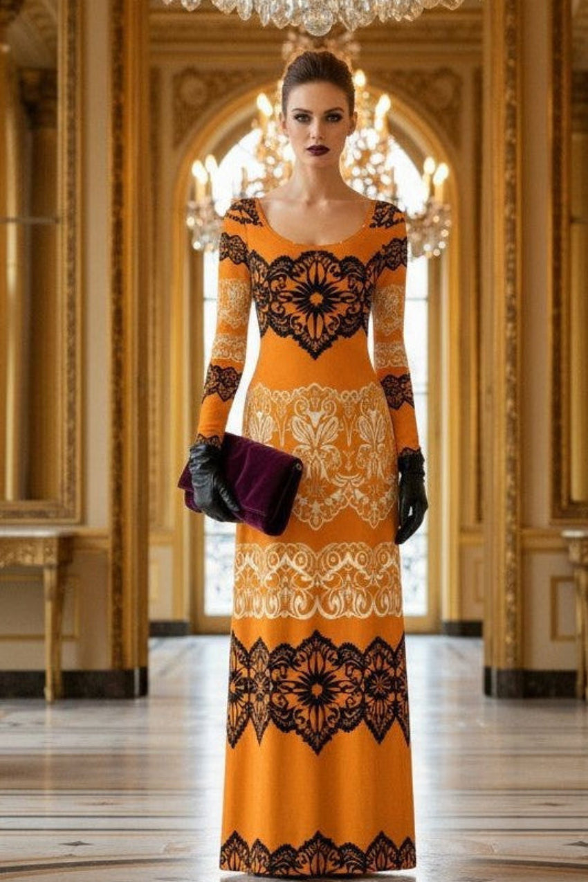 Luxury gold velvet evening gown with black lace detailing worn by model in elegant hall