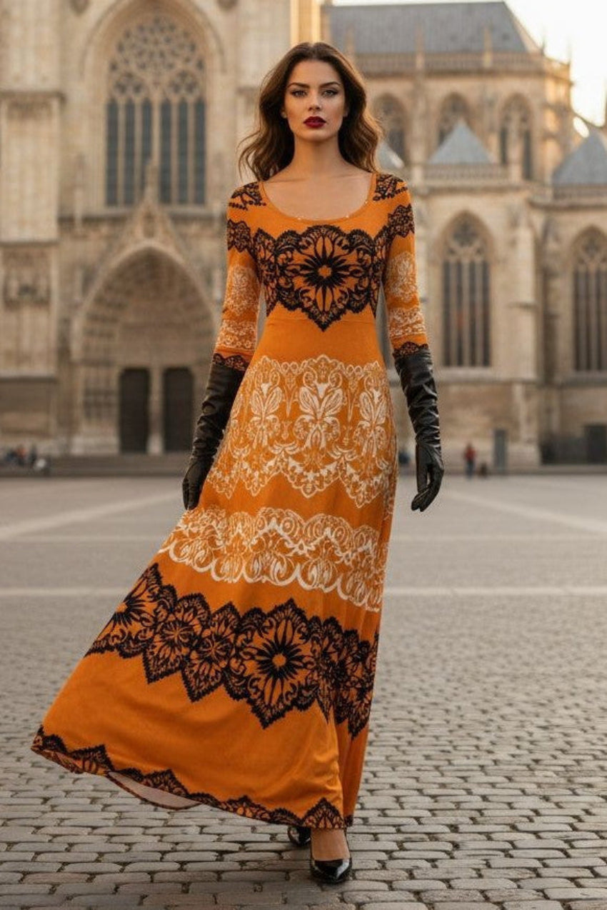 Luxury gold velvet evening gown with black lace details worn by model in historic square