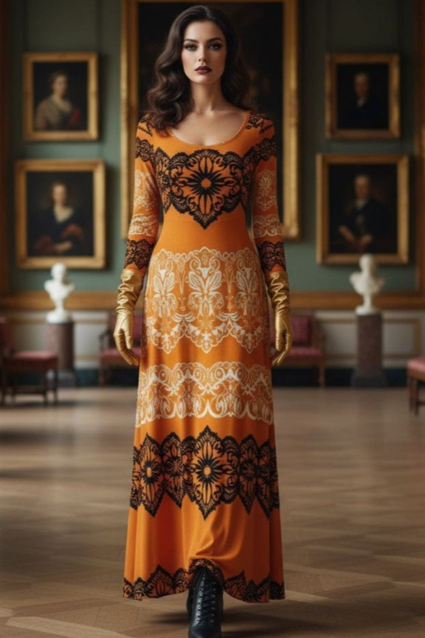 Luxurious gold velvet evening gown with black lace floral patterns by Angelic Blessings Shop