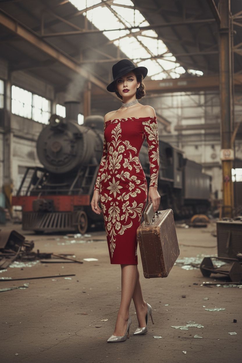 Woman wearing a luxury old-money style dress in red with gold floral embroidery holding a vintage suitcase