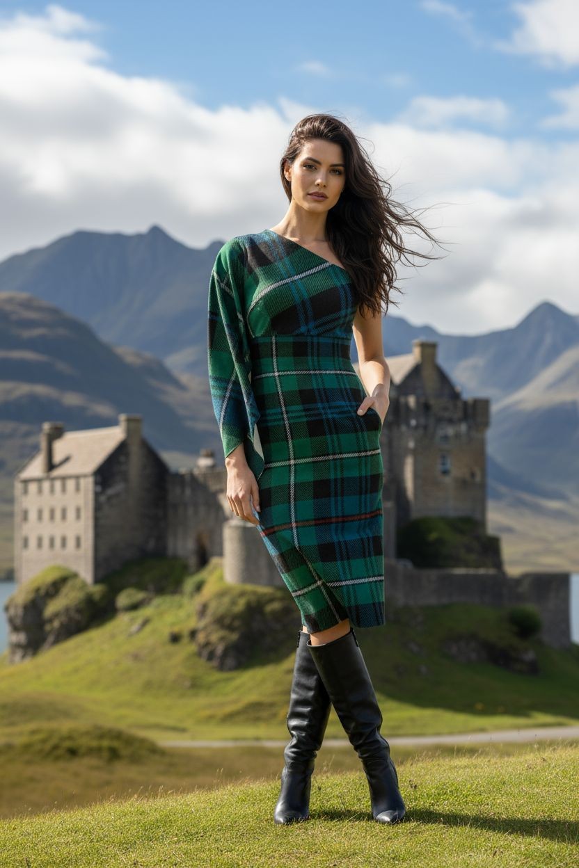 Woman wearing MacKenzie tartan evening dress with one shoulder design and knee-high black boots outdoors
