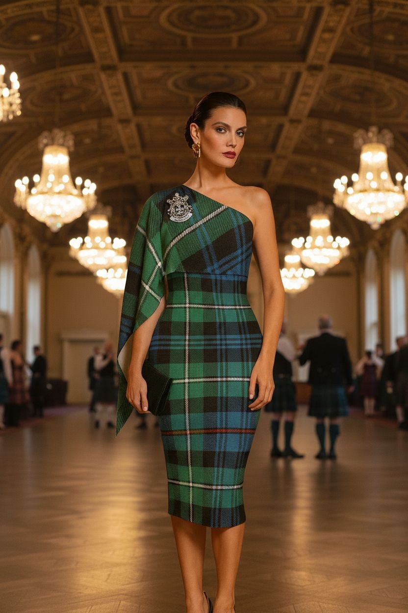 Woman wearing MacKenzie tartan evening dress with one-shoulder design in elegant ballroom