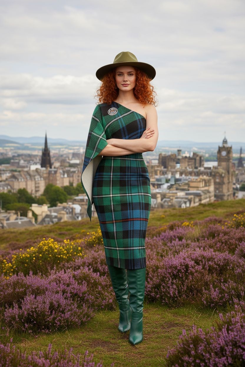 Woman wearing MacKenzie tartan evening dress by Angelic Blessings Shop standing outdoors with cityscape background
