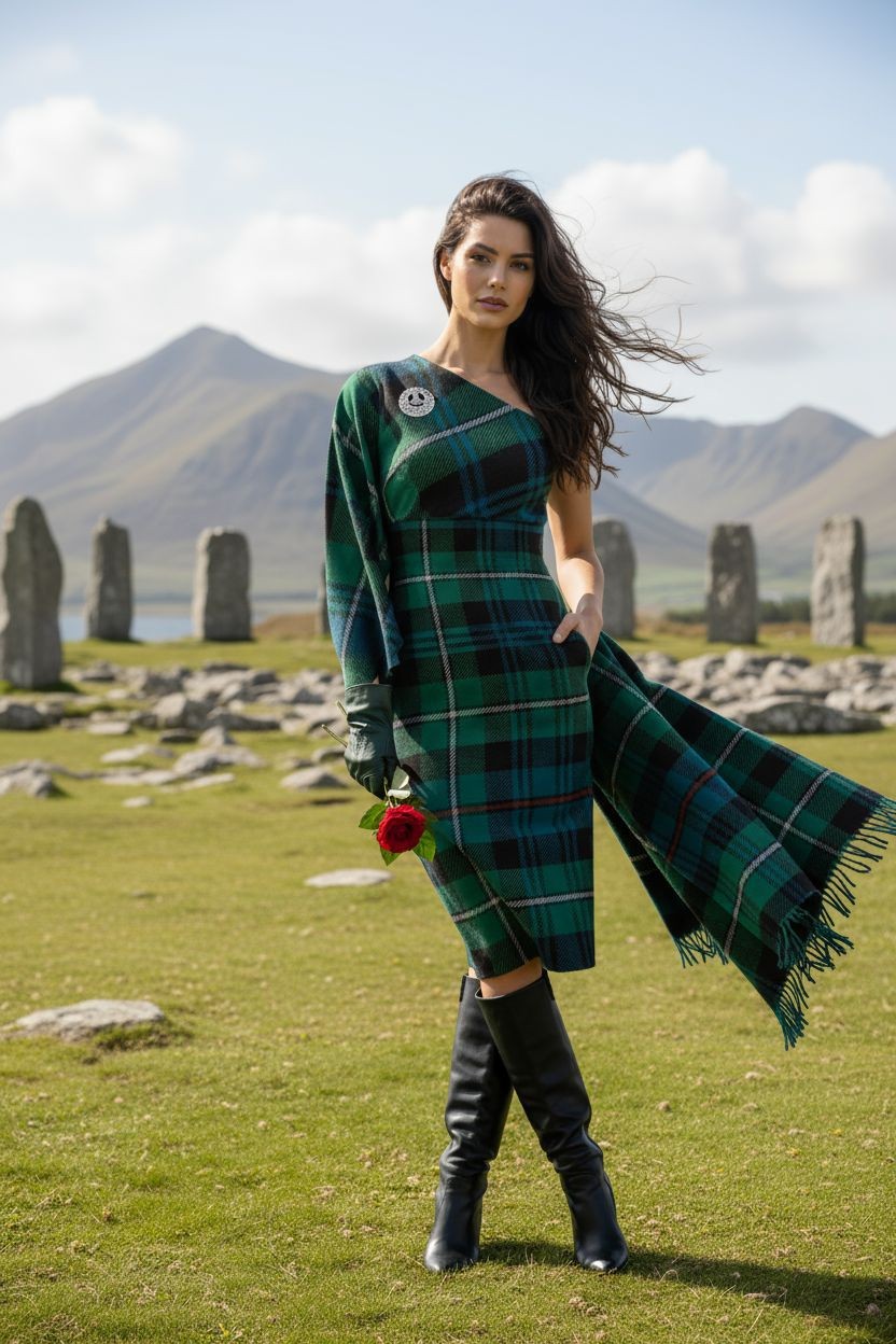 Woman wearing MacKenzie tartan evening dress with matching sash and black boots outdoors