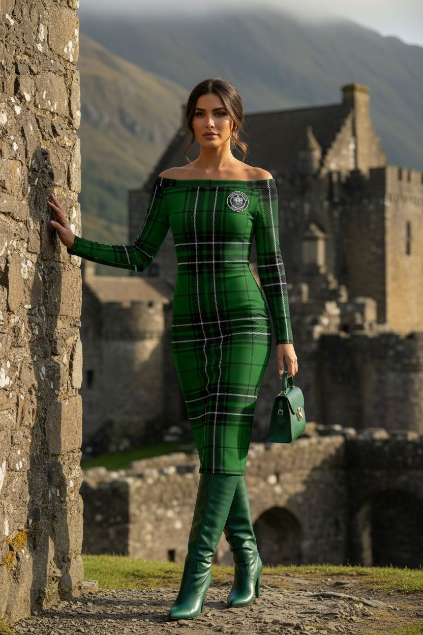 Back detail of MacLean Clan green tartan off-shoulder dress highlighting tailored design and plaid pattern.