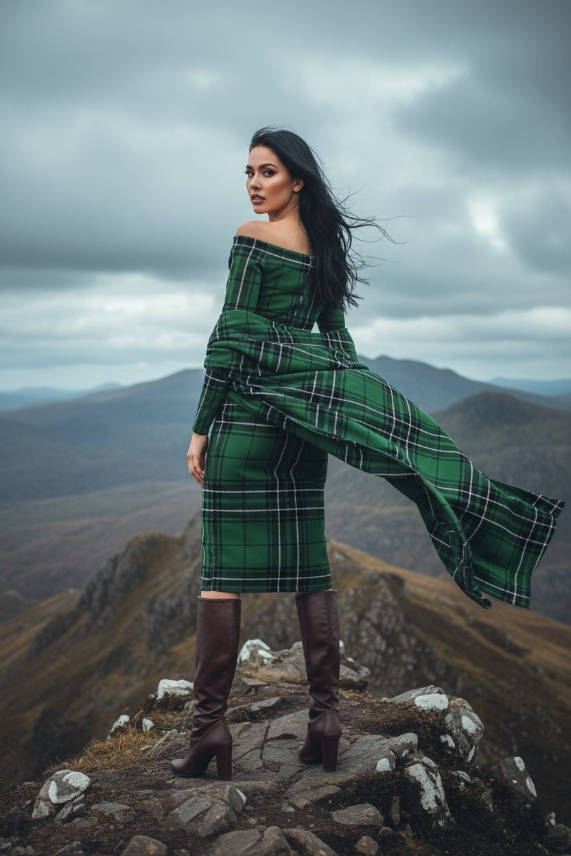 Fashion editorial shot of green plaid off-the-shoulder dress styled in Scottish countryside, old money elegance aesthetic