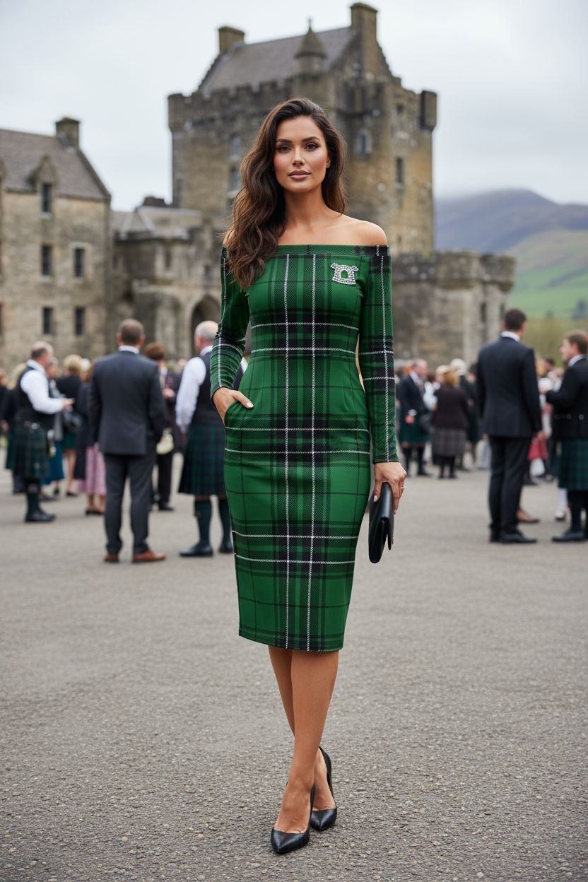 Off-shoulder MacLean Clan Tartan midi dress photographed on Isle of Mull near Duart Castle, Scottish heritage style.