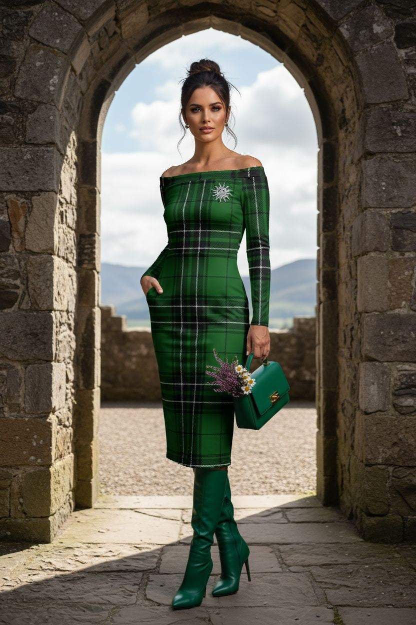 Elegant women’s green tartan dress with long sleeves and off-shoulder neckline, perfect for Scottish heritage events.
