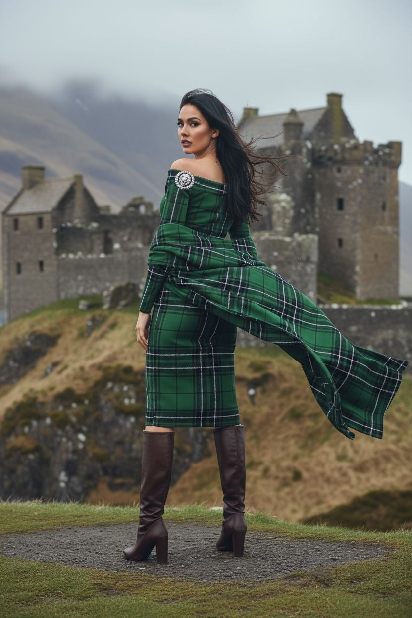 Model in green tartan dress walking in Scottish Highlands landscape near ancient castle, heritage fashion inspiration.