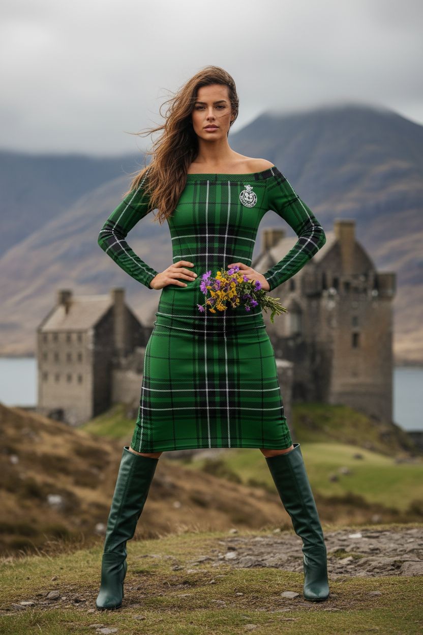 Model wearing MacLean Clan Tartan off-shoulder dress with tall boots near Scottish castle, quiet luxury Highland style.