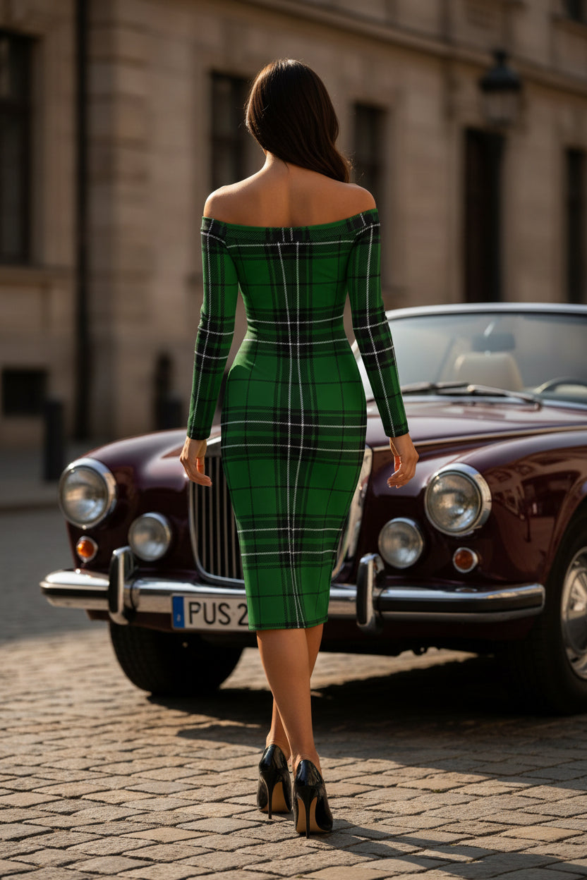 MacLean Clan Tartan off-the-shoulder dress elegant evening outfit green plaid