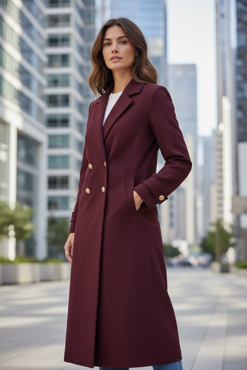 Woman wearing a luxury burgundy trench coat women with gold buttons in an urban setting