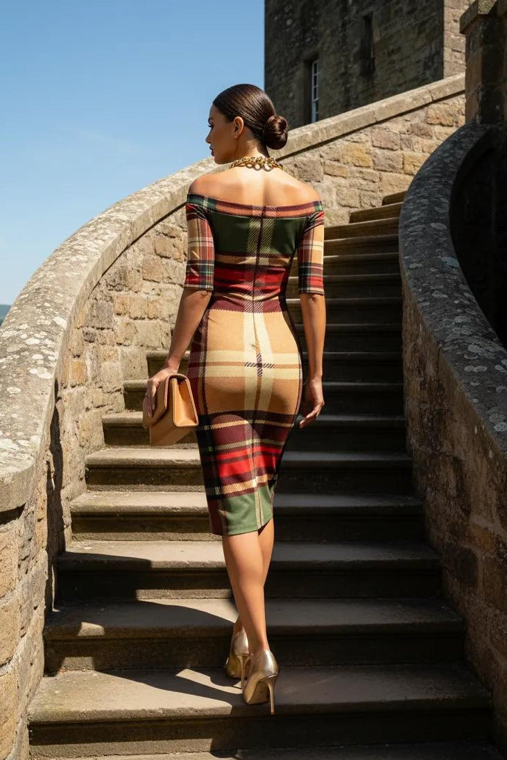 Wrap dress dress Plaid Elegant Evening Outfit with Off Shoulder Design