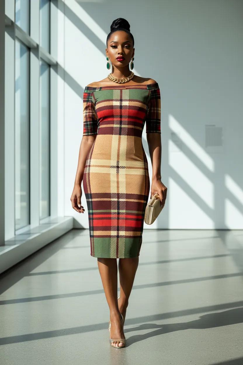 Wrap Dress Dress Plaid Pattern Elegant Evening Outfit with Off Shoulder Design